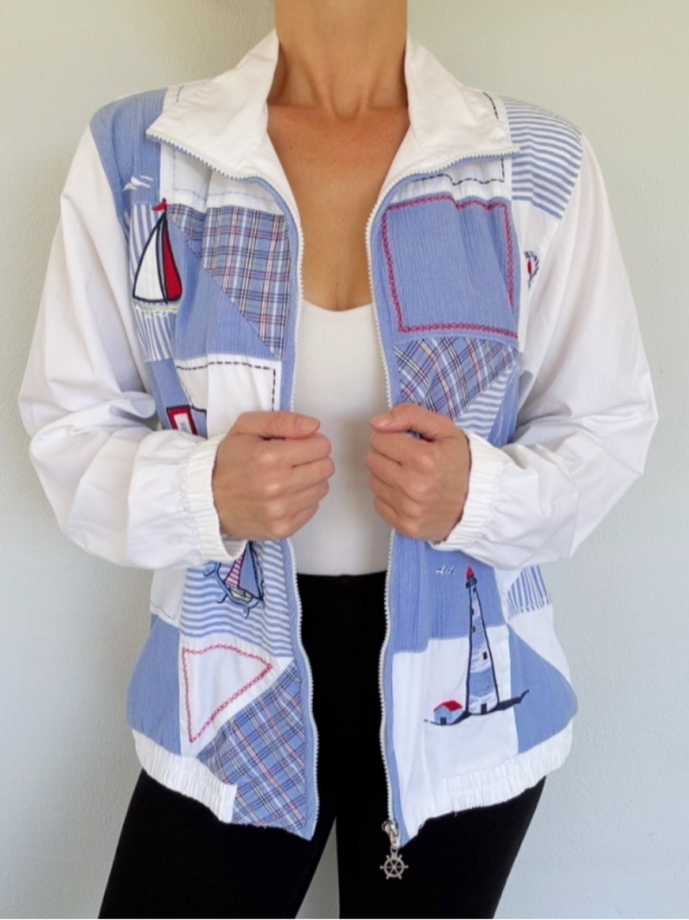Vintage Koret blue white nautical themed full zip windbreaker jacket size medium